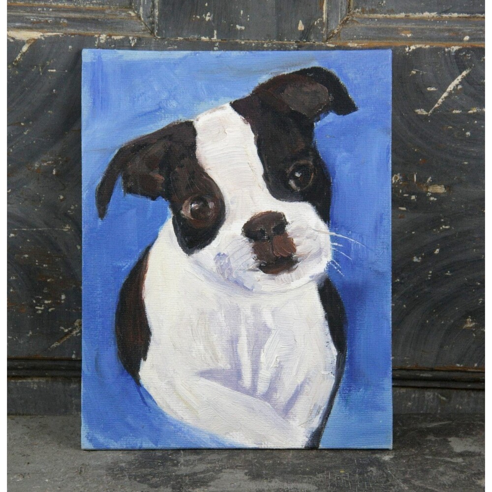 Small MCM Original Oil Painting on Canvas Board of a Boston Terrier